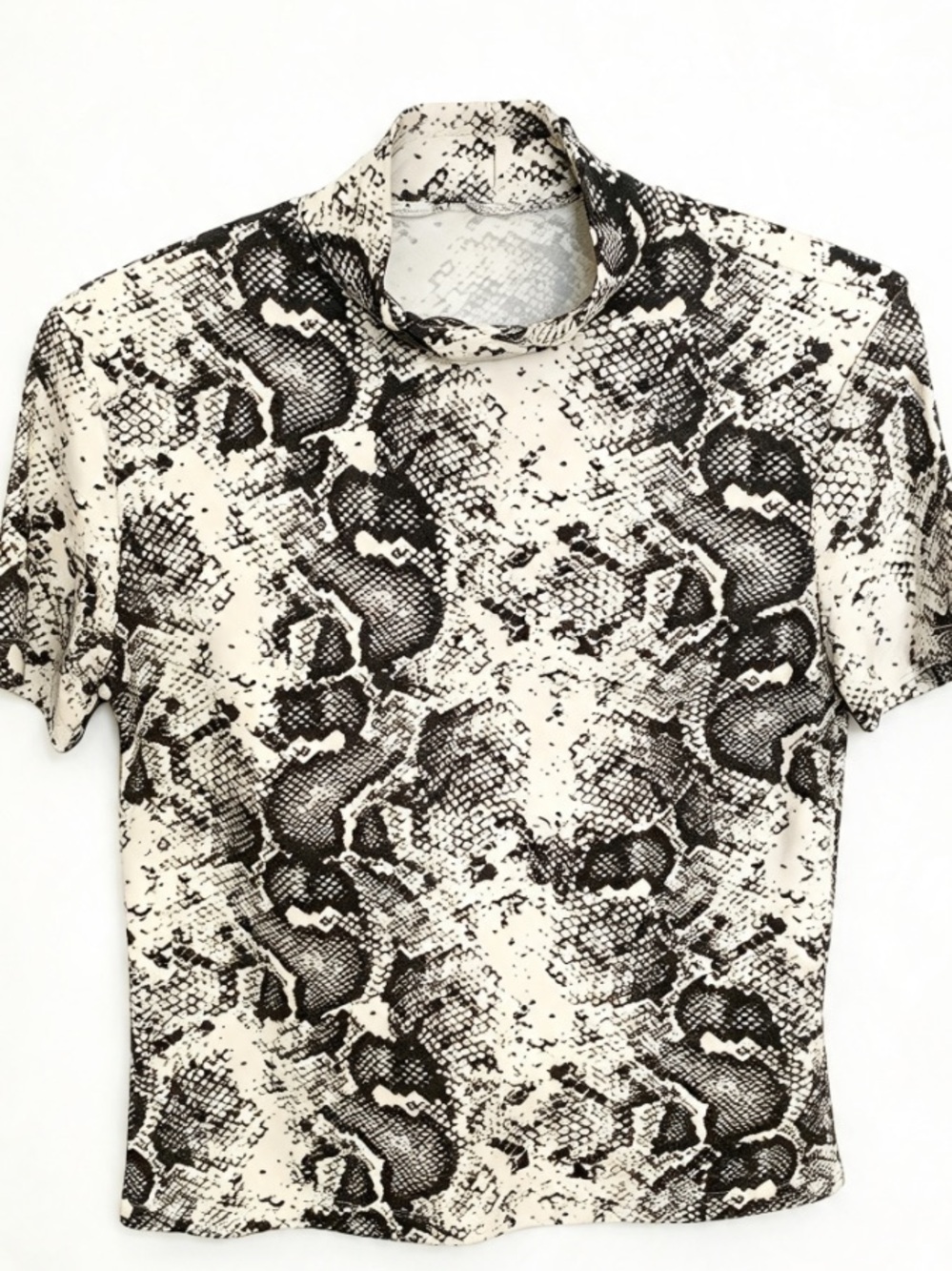 Ardene Neutral Snakeskin Python Print Short Sleeve Mock Neck Crop Top Shirt S